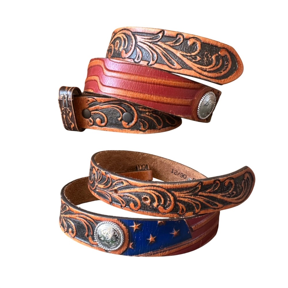 Tony Lama Western Cowboy Kids Tooled Leather Belt American Flag Floral Brown 24
